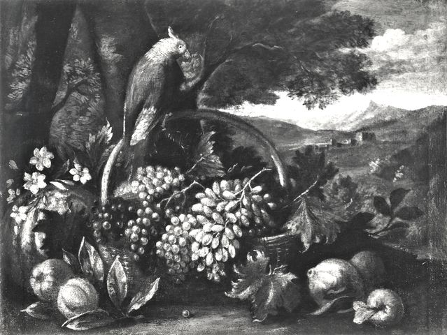 Foto Pozzar — Autore non indicato - sec. XVII - Natura morta con cesto d'uva, melone, agrumi, mele e pappagallo in un paesaggio — insieme